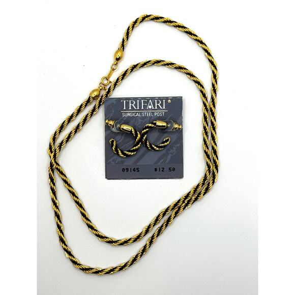 Trifari Vintage Gold Tone Black Rope Chain Necklace Hoop Earring Set - Picture 1 of 5